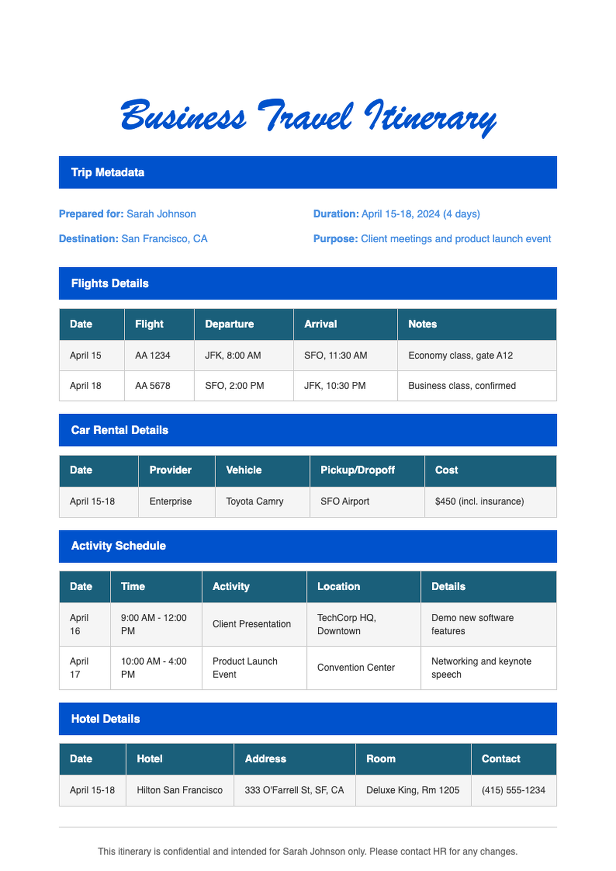 Business travel itinerary template with flight car rental hotel and activity sections_variant_1